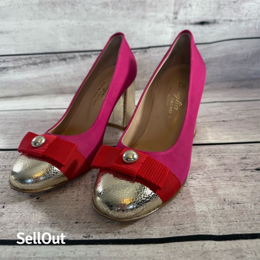 Bruglia Trend Women's Pink Red Bow Gold Accents Heels Sz 38 / 7.5 Barbie core